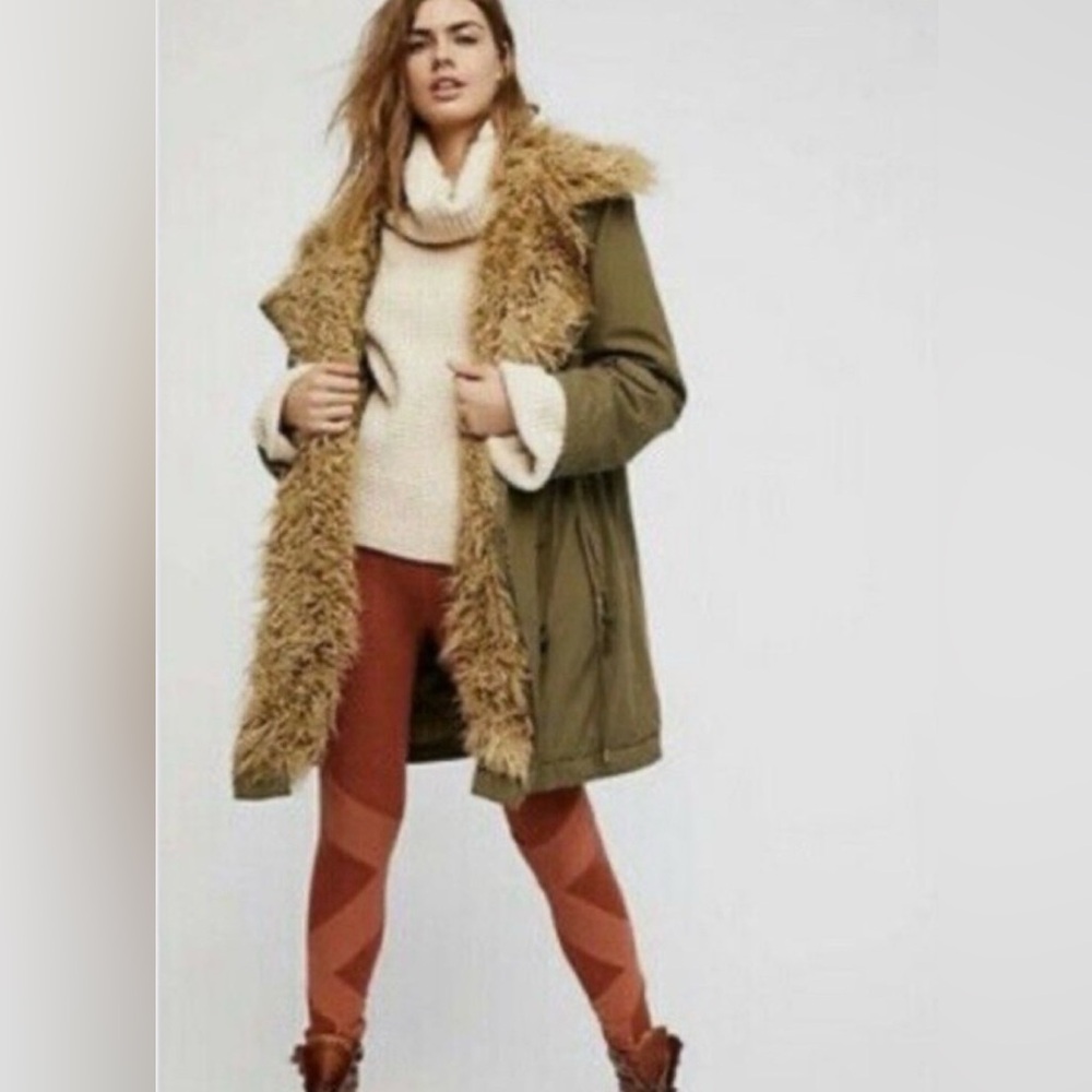 Free People Extreme Moto Parka Faux Fur Quilt Lined Zip Front Sz M Olive Green
